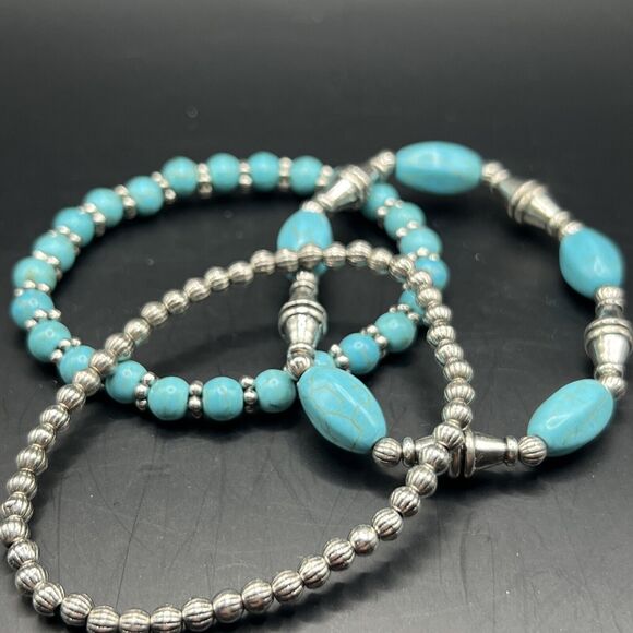 Bracelet Silver Stretch Bangle Multi Layering Blue Boho Western Turquoise - Picture 2 of 10